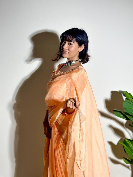 Pastel Orange Tabby Organza Silk Saree