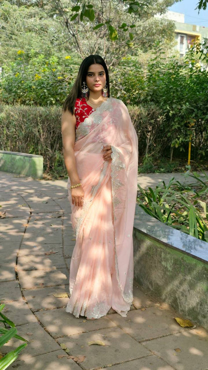 Peach Bollywood Style Organza Saree
