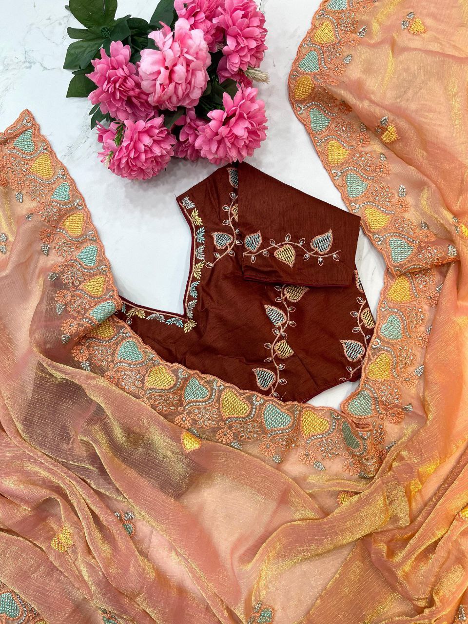 Peach Designer Fandy Chiffon Two Tone Saree