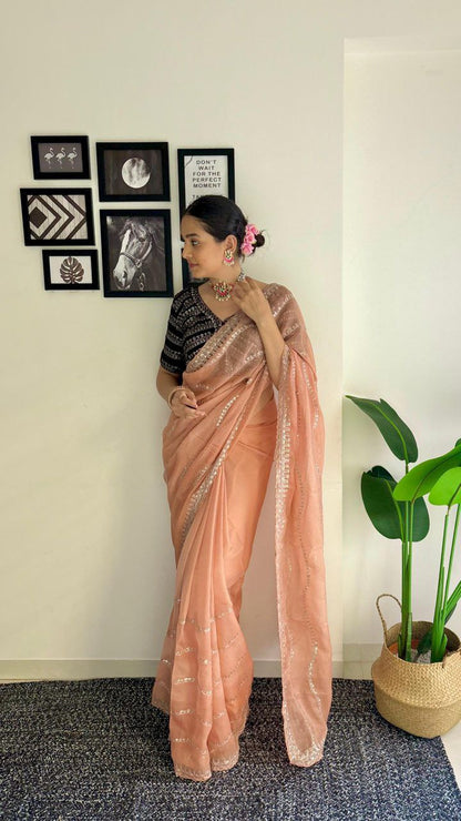 Peach Designer Organza Tabby Silk Saree