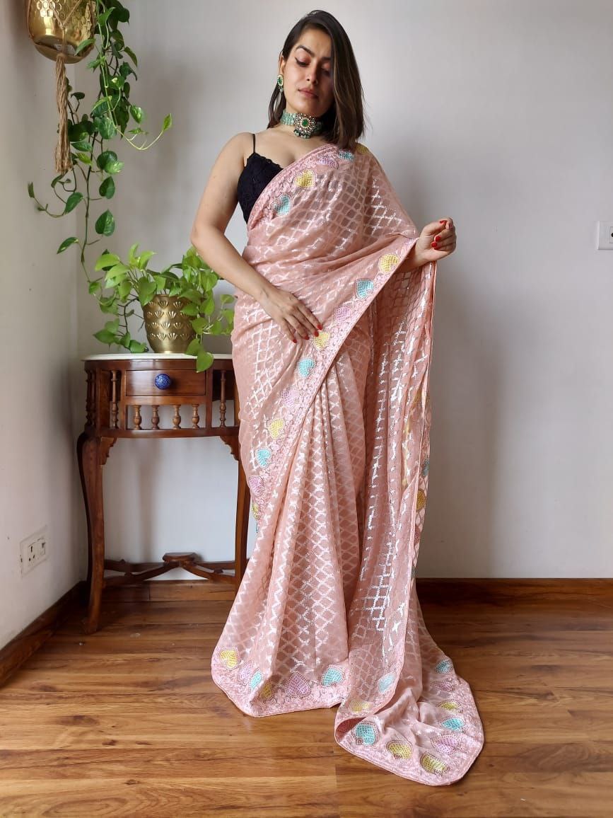Peach Designer Party Wear Georgette Saree