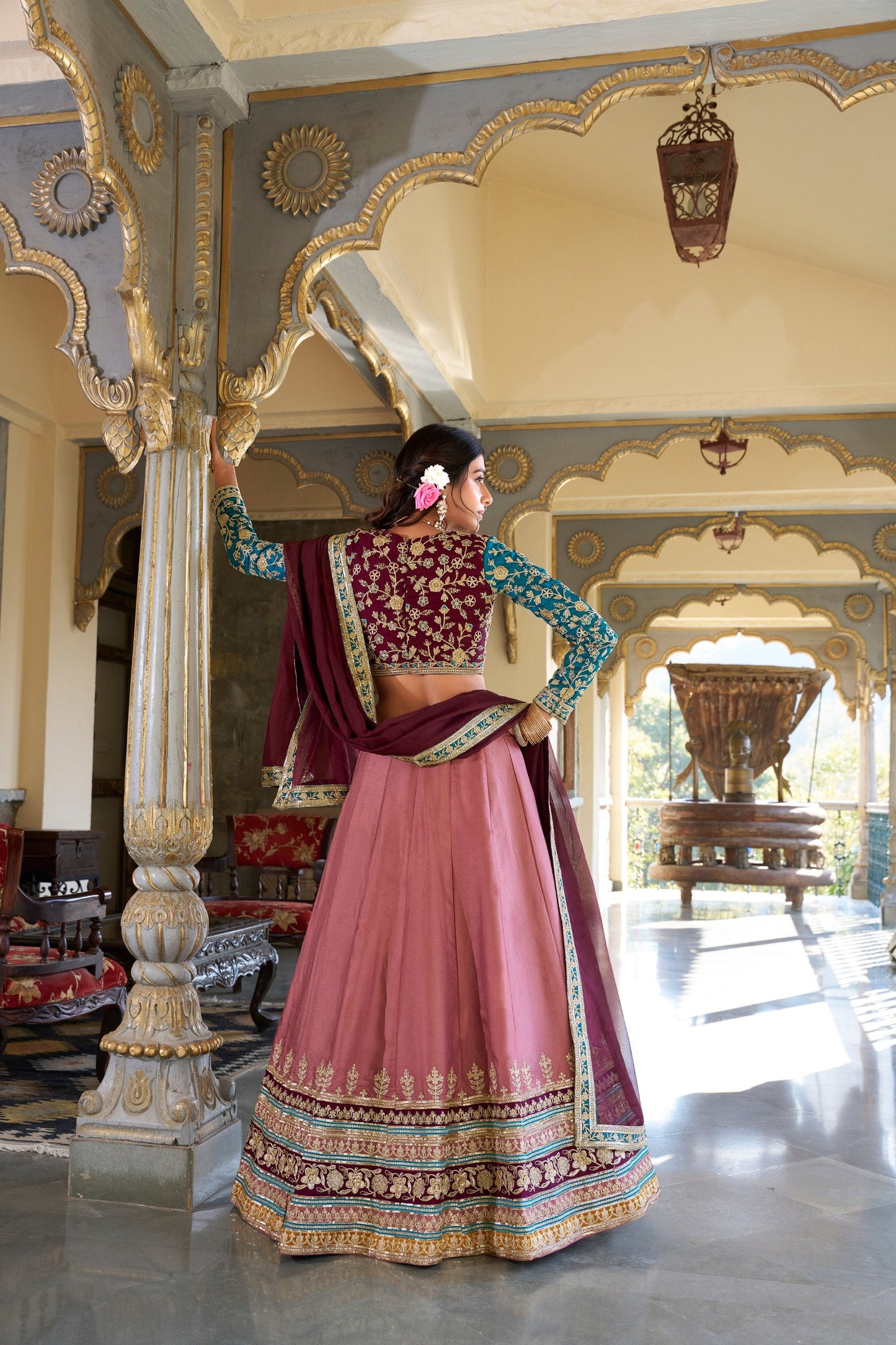 Peach Designer Wedding Wear Moonga Silk Lehenga
