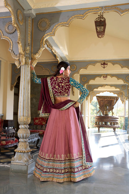 Peach Designer Wedding Wear Moonga Silk Lehenga
