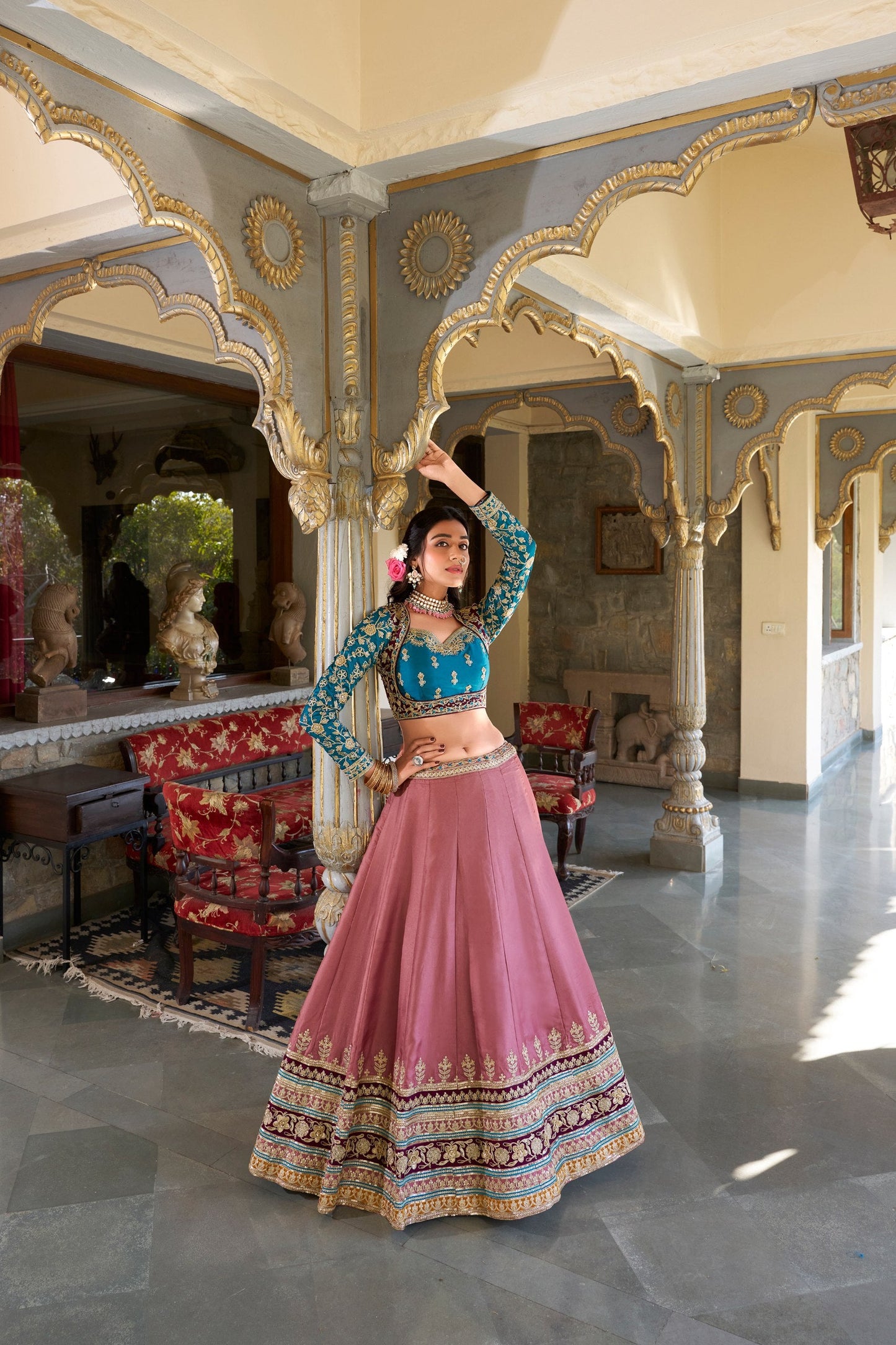 Peach Designer Wedding Wear Moonga Silk Lehenga