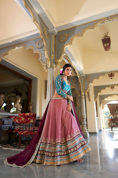 Peach Designer Wedding Wear Moonga Silk Lehenga