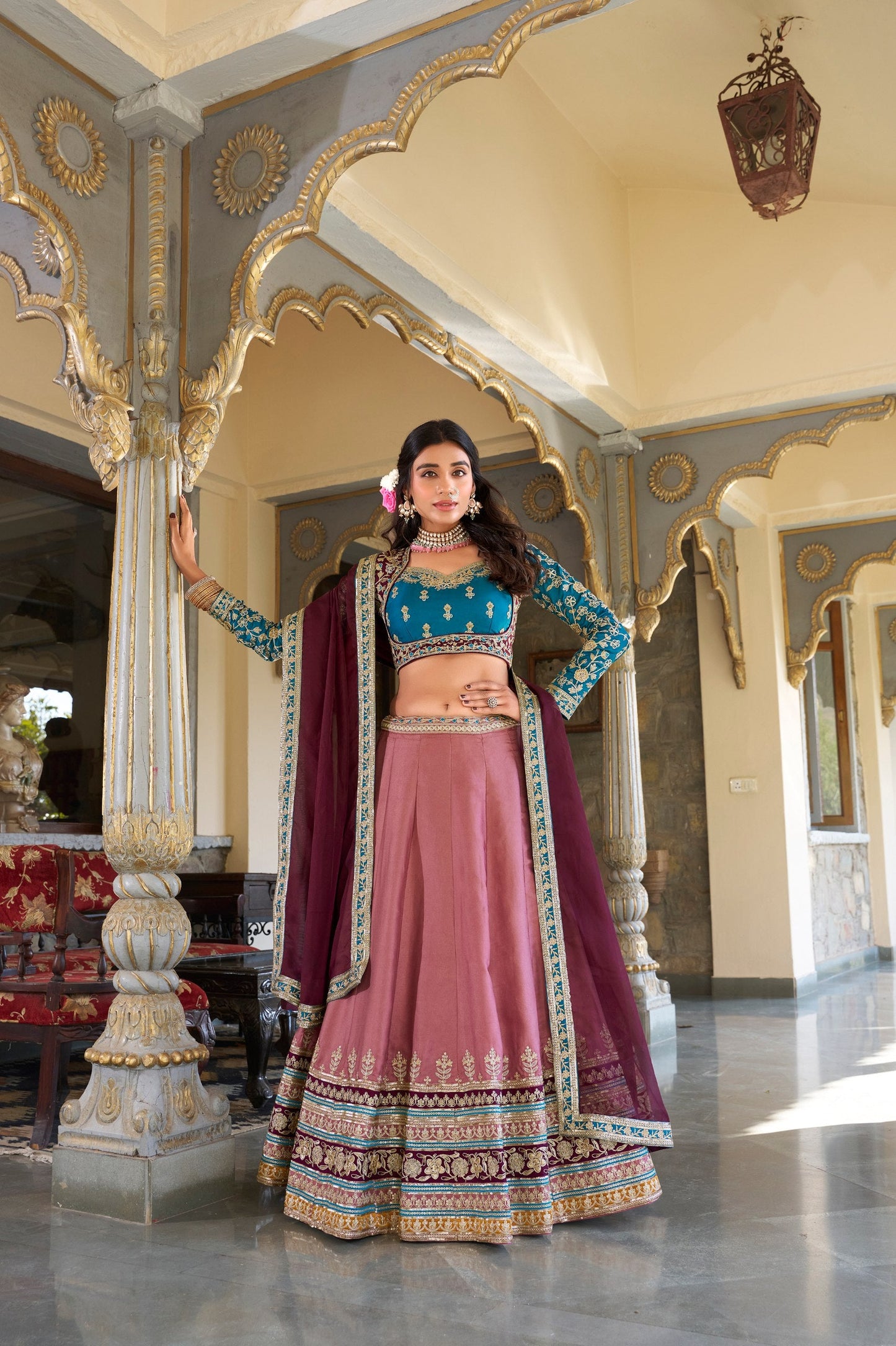 Peach Designer Wedding Wear Moonga Silk Lehenga