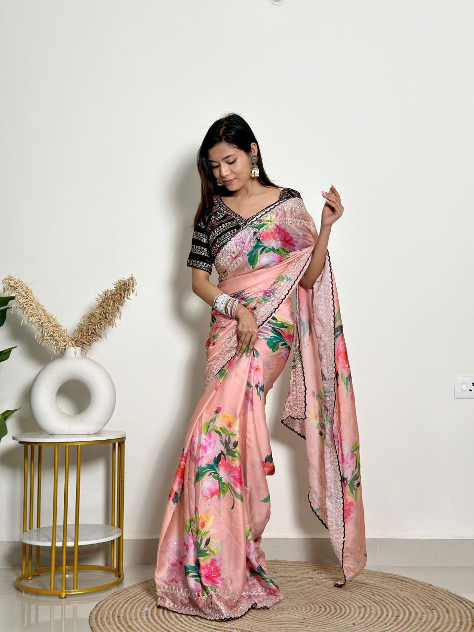 Peach Floral Georgette Satin Saree