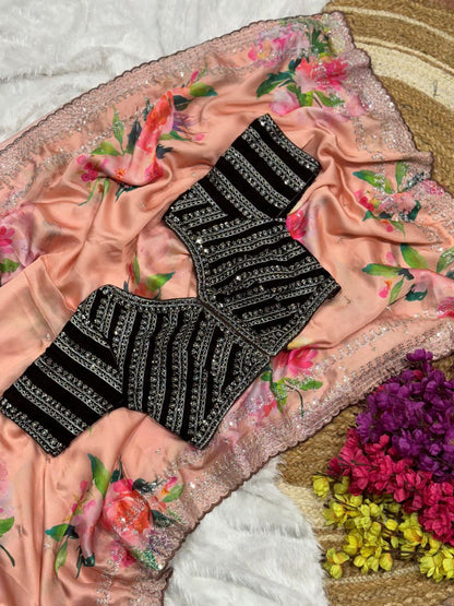 Peach Floral Georgette Satin Saree