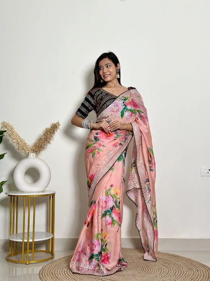 Peach Floral Georgette Satin Saree