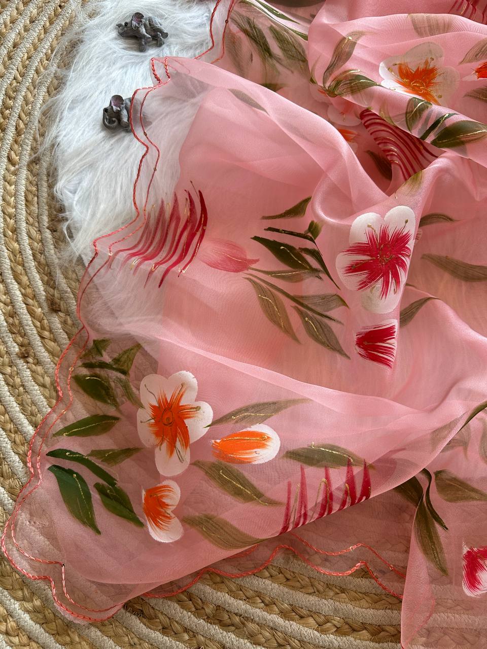 Peach Floral Handprinted Organza Silk Saree