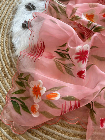Peach Floral Handprinted Organza Silk Saree
