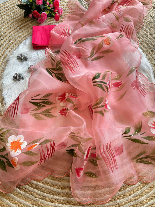 Peach Floral Handprinted Organza Silk Saree
