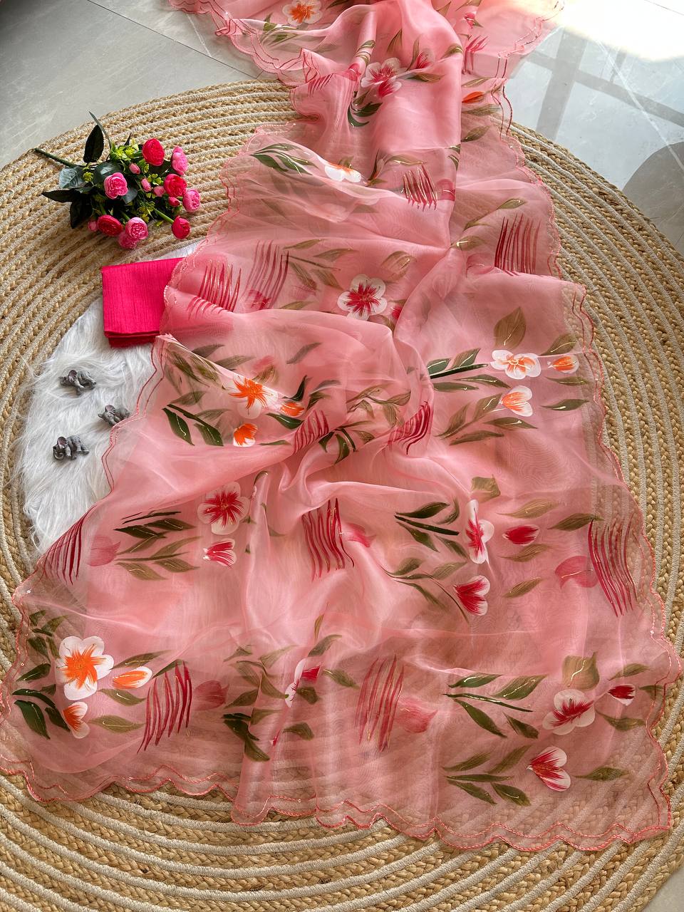 Peach Floral Handprinted Organza Silk Saree