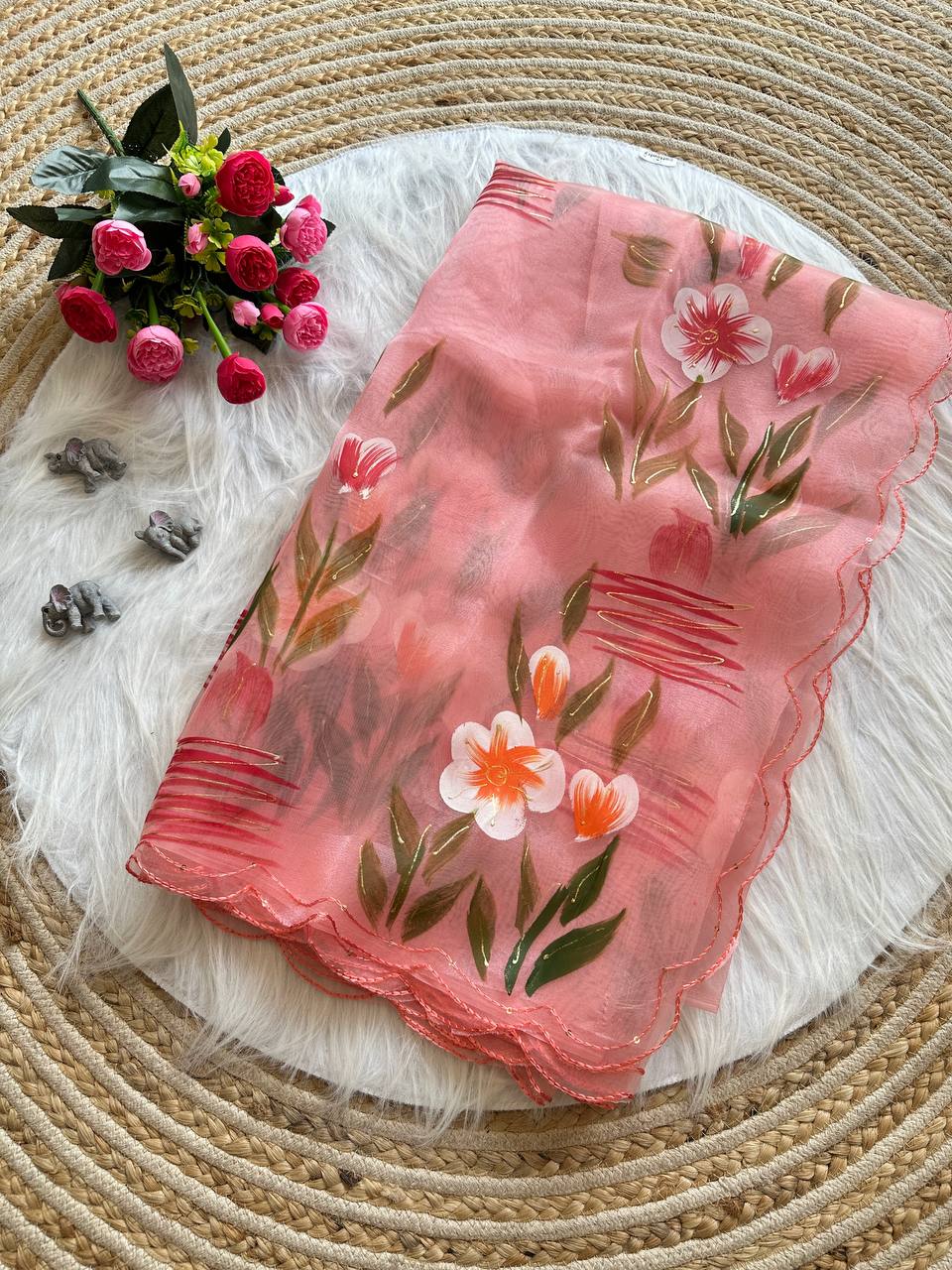 Peach Floral Handprinted Organza Silk Saree