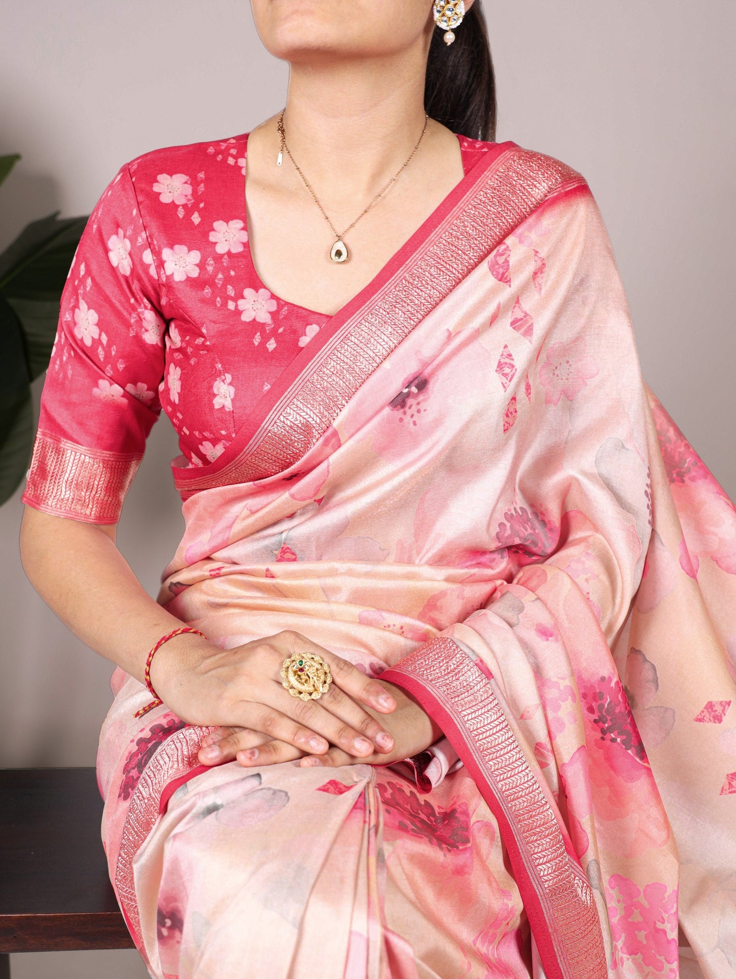Peach Floral Printed Tussar Silk Saree