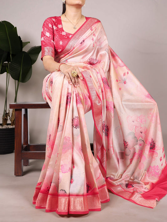 Peach Floral Printed Tussar Silk Saree