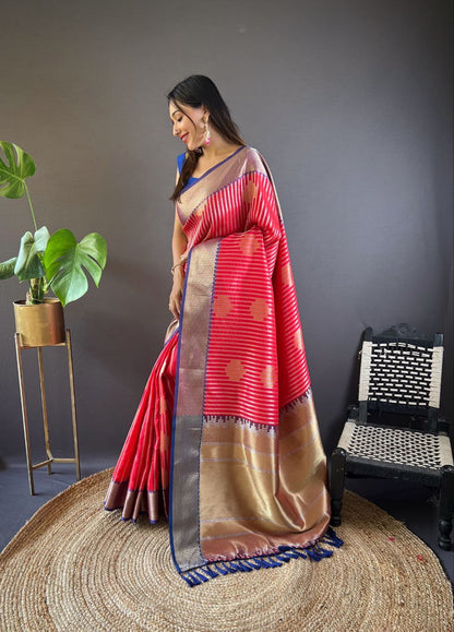 Peach Gold Zari Weaved Banarasi Silk Saree