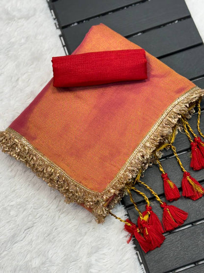 Peach Golden Wedding Wear Tissue Silk Saree