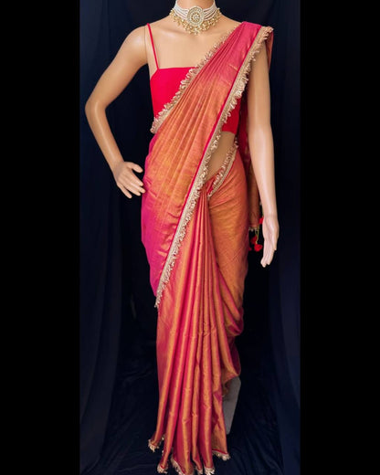 Peach Golden Wedding Wear Tissue Silk Saree