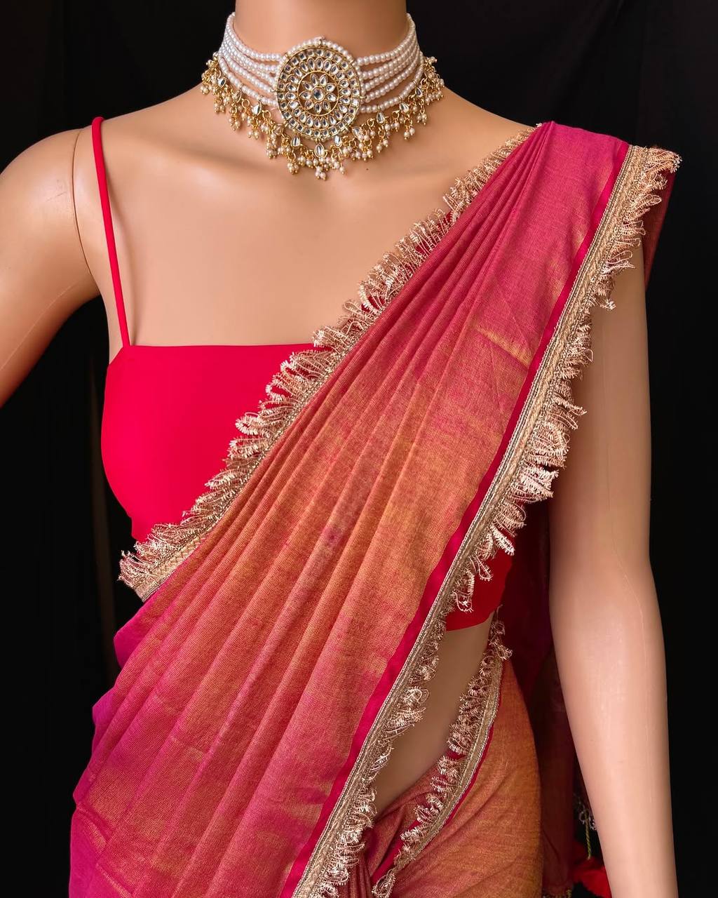 Peach Golden Wedding Wear Tissue Silk Saree