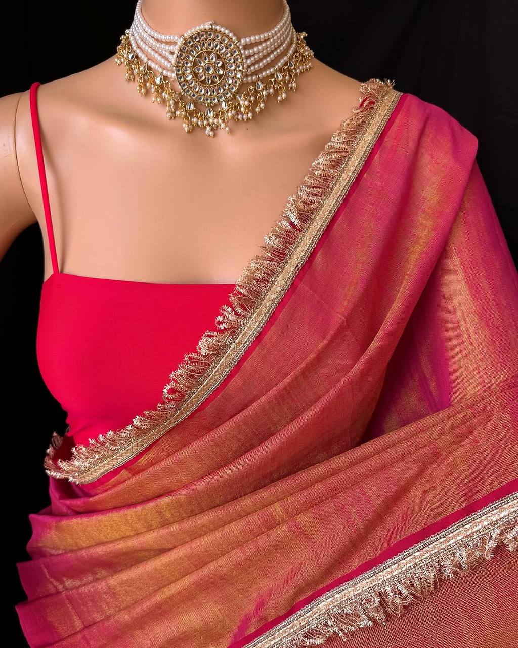 Peach Golden Wedding Wear Tissue Silk Saree
