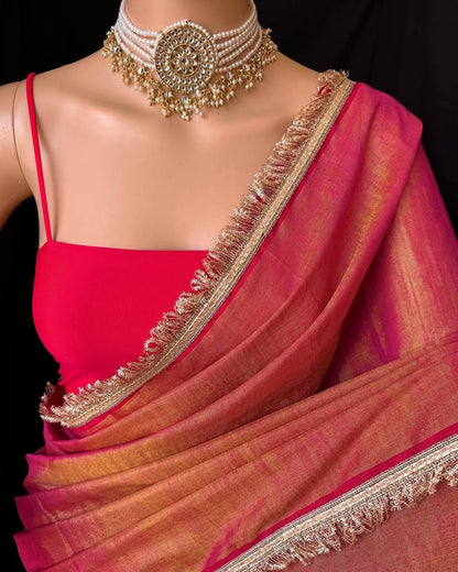 Peach Golden Wedding Wear Tissue Silk Saree