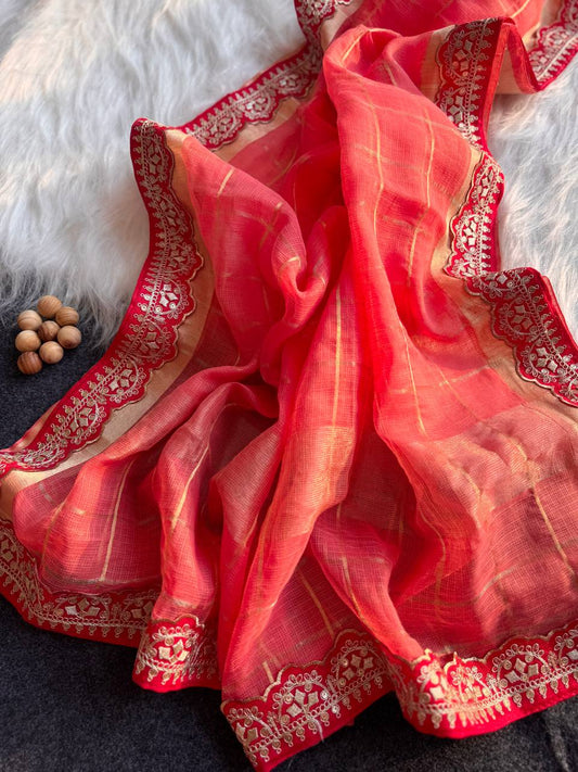Peach Kota Doriya Zari Chex Saree