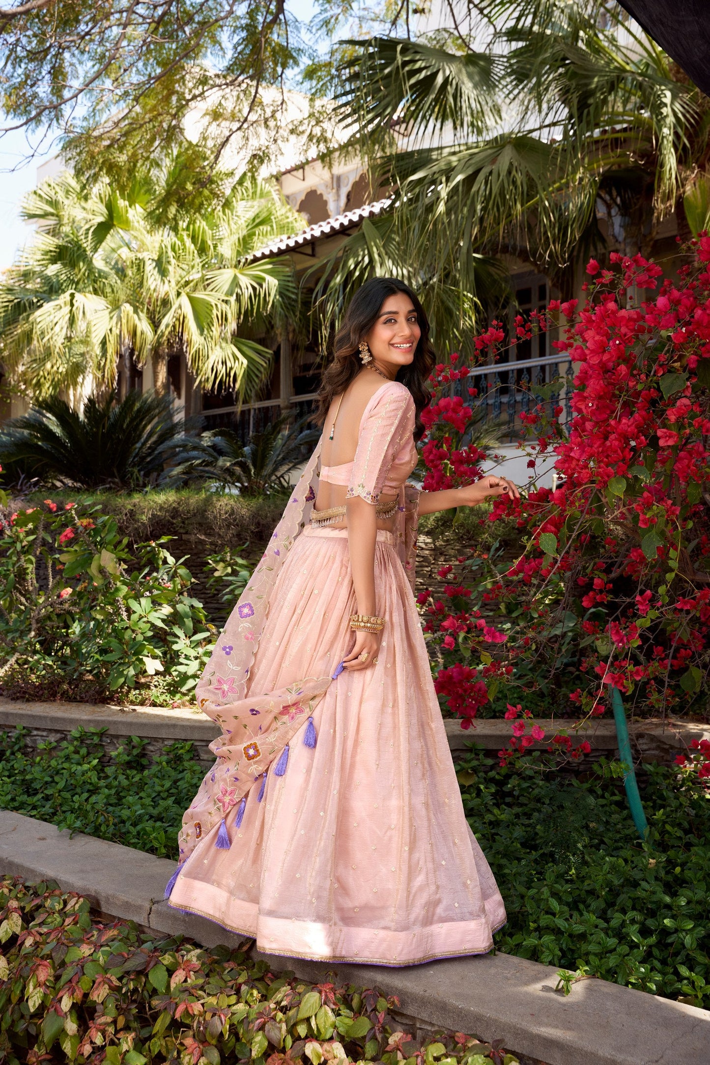 Peach Party Wear Gold Crush Lehenga
