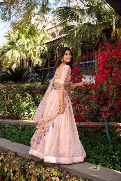 Peach Party Wear Gold Crush Lehenga