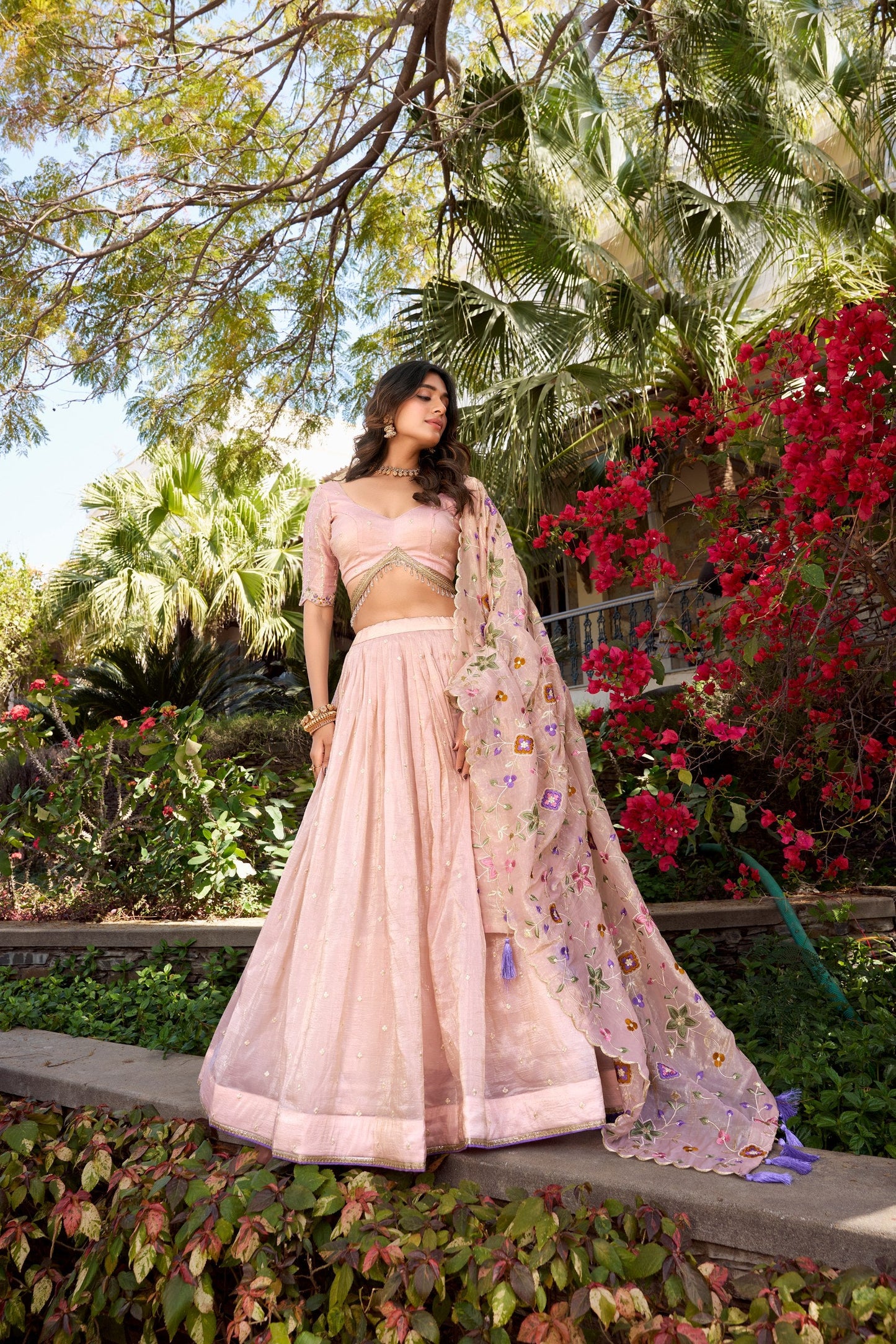 Peach Party Wear Gold Crush Lehenga