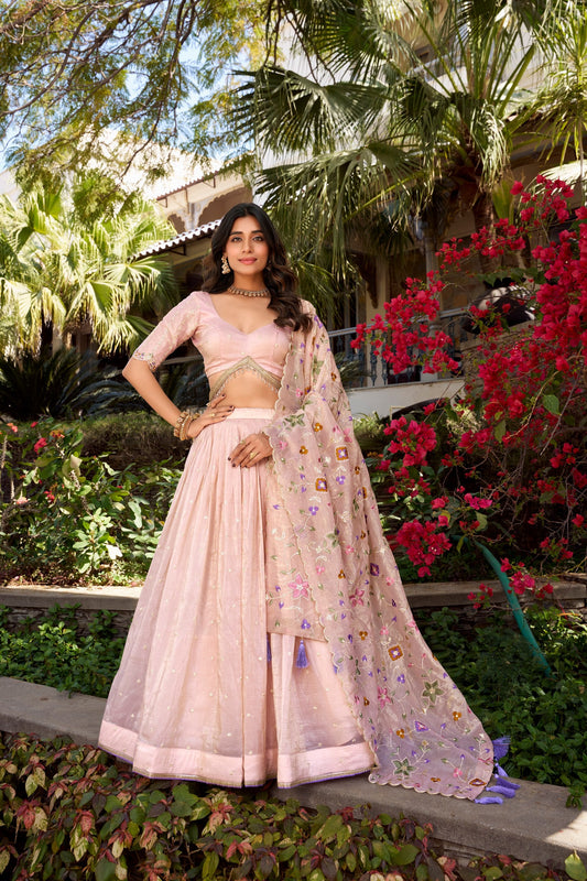 Peach Party Wear Gold Crush Lehenga