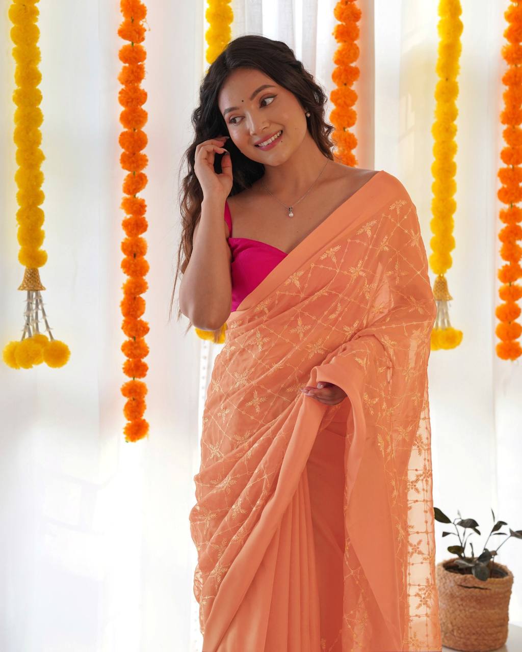 Peach Party Wear Satin Georgette Saree