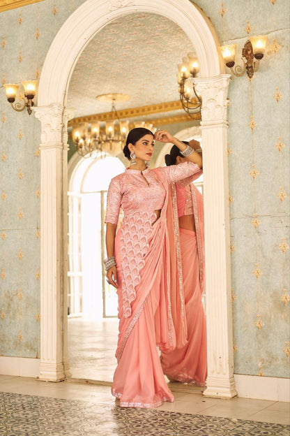 Peach Ready Made Chinon Silk Saree