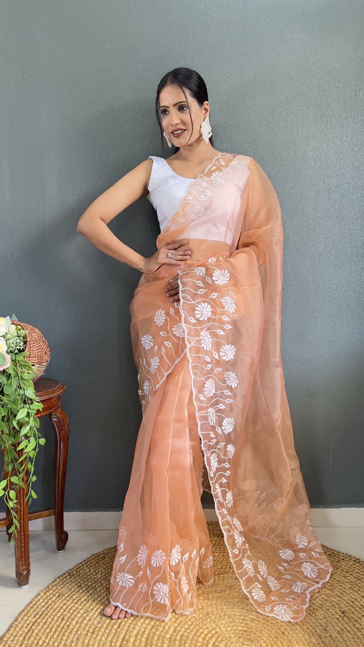 Peach Ready Made Organza Silk Saree