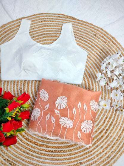 Peach Ready Made Organza Silk Saree