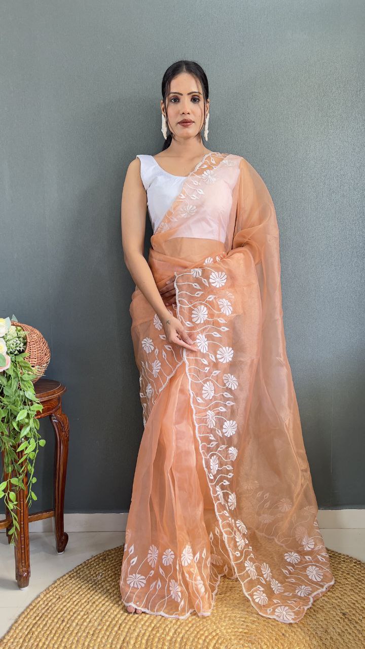 Peach Ready Made Organza Silk Saree