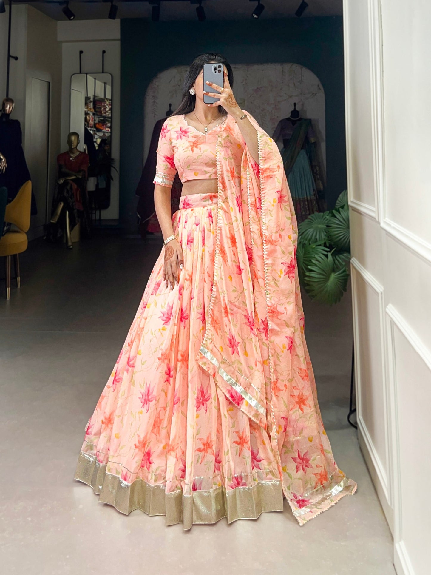 Peach Tabby Silk Lehenga Choli