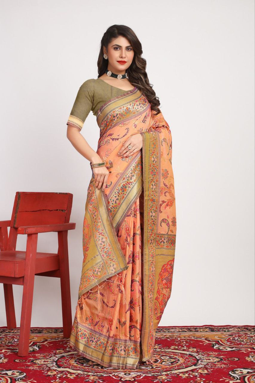 Peach Traditional Pashmina Silk Saree