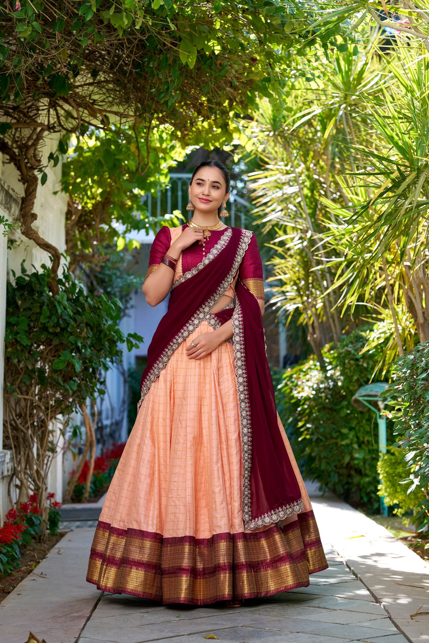 Peach Traditional Zari Chex Lehenga
