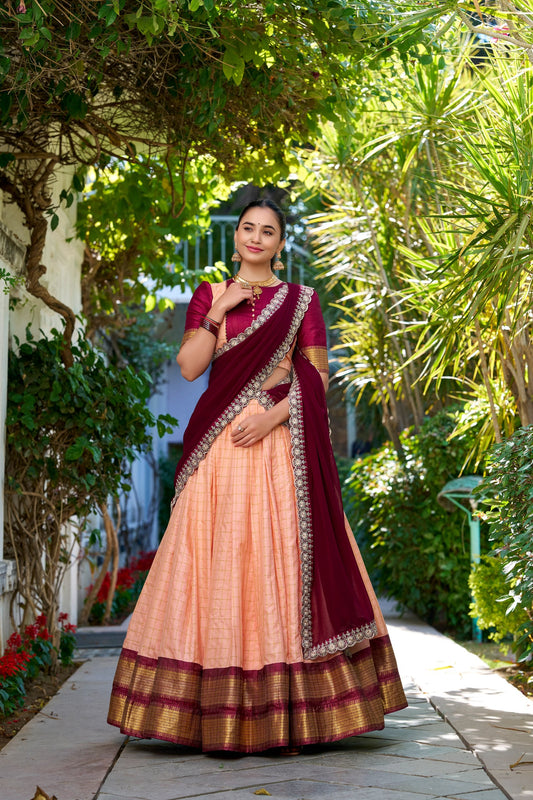 Peach Traditional Zari Chex Lehenga