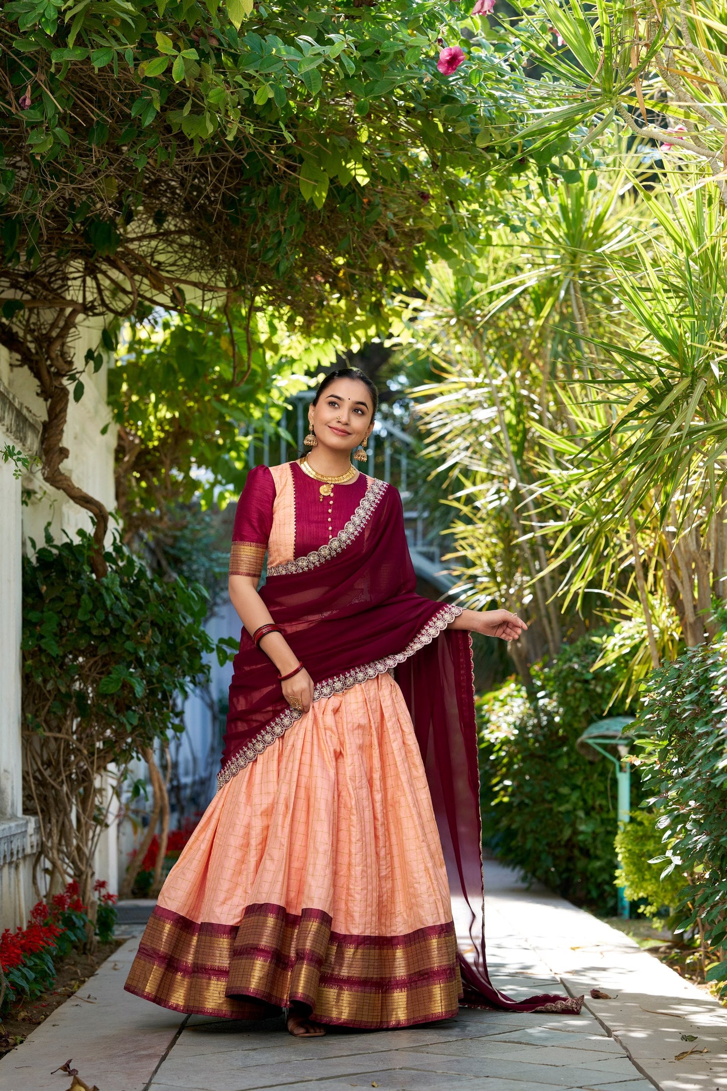 Peach Traditional Zari Chex Lehenga
