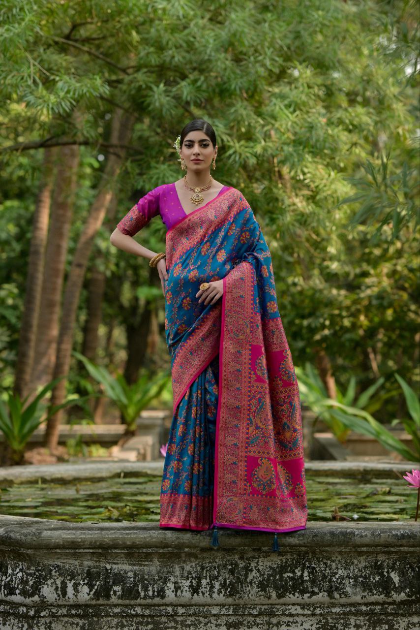 Peacock Blue Wedding Wear Pashmina Silk Saree