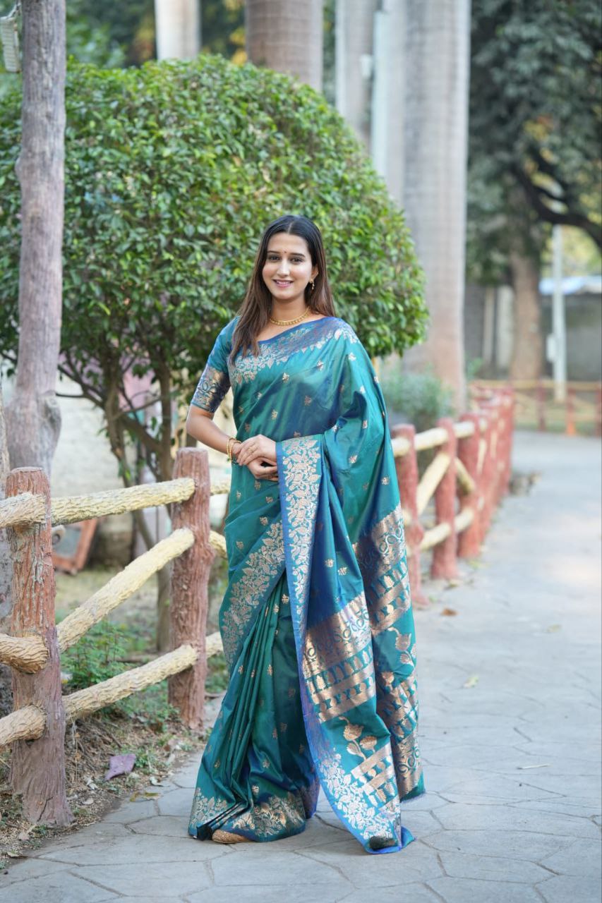 Peacock Green & Royal Blue Banarasi Silk Saree