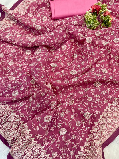 Pink Chikankari Work Shimmer Silk Saree