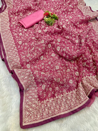 Pink Chikankari Work Shimmer Silk Saree