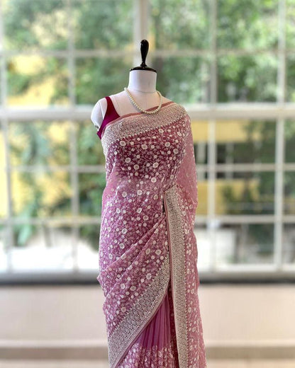 Pink Chikankari Work Shimmer Silk Saree