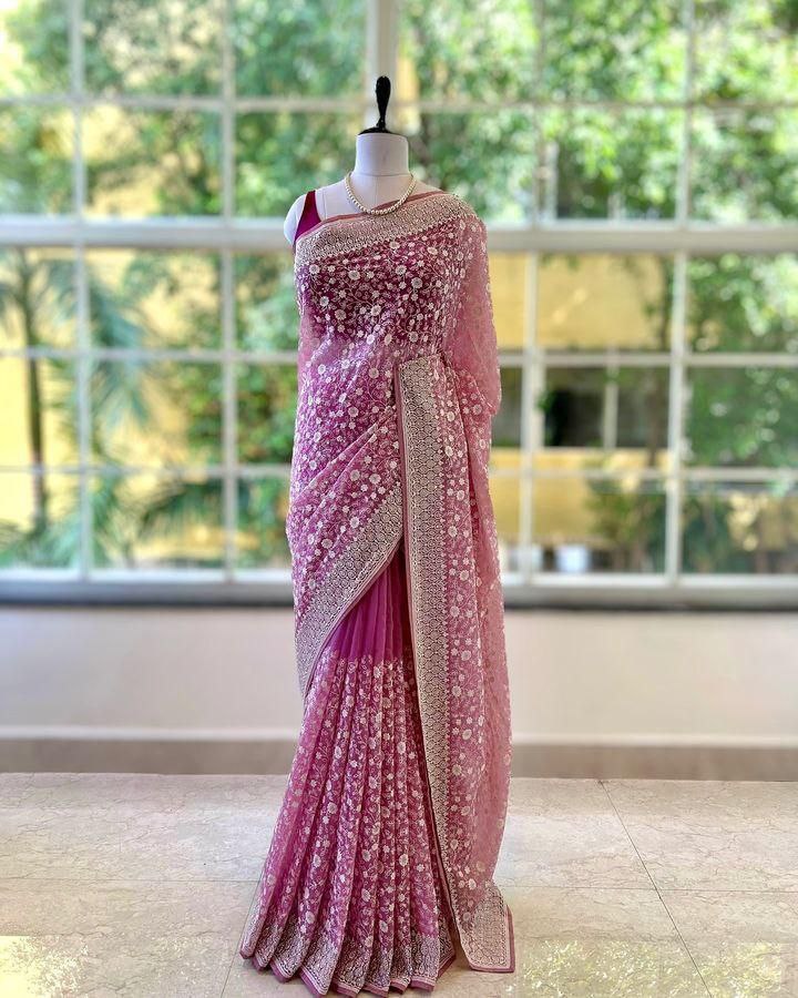 Pink Chikankari Work Shimmer Silk Saree