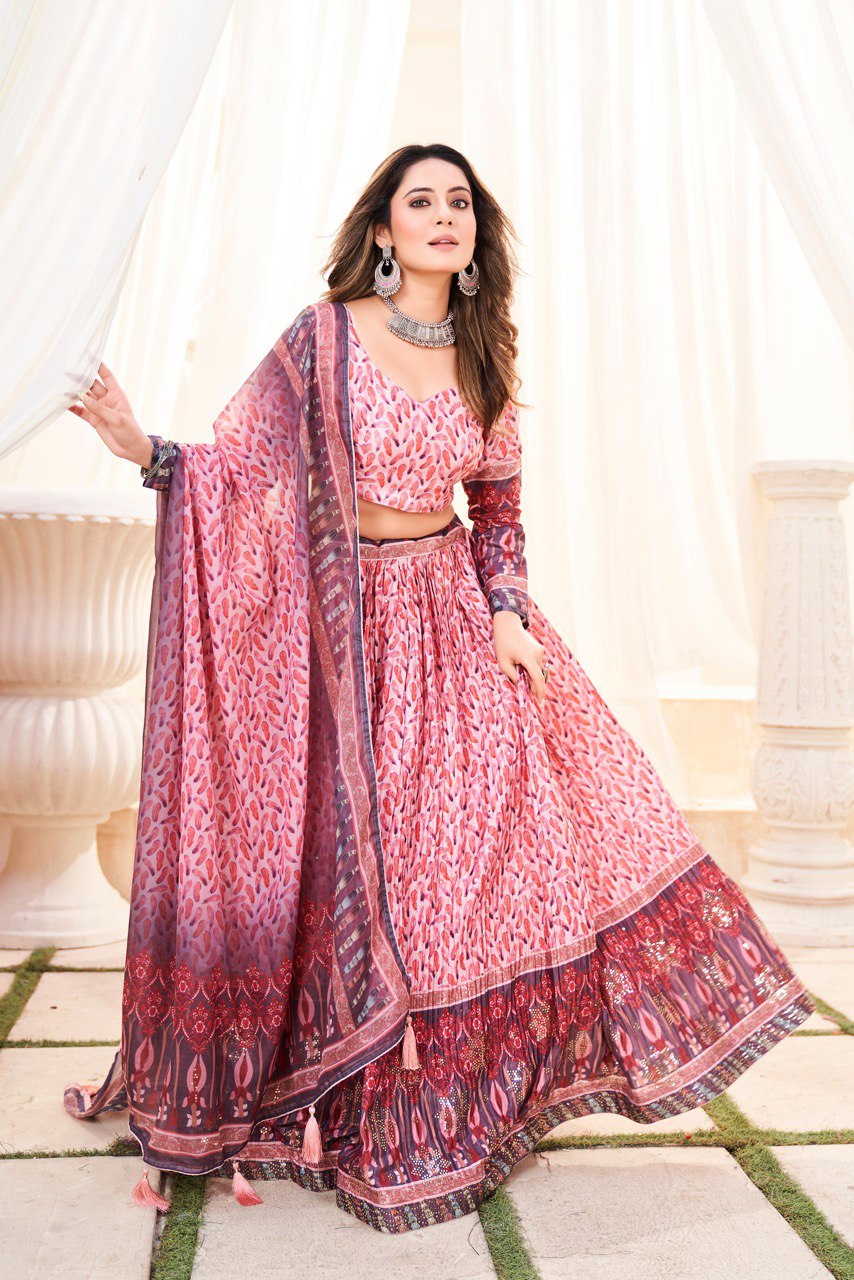 Pink Chinon Lehenga Choli For Wedding