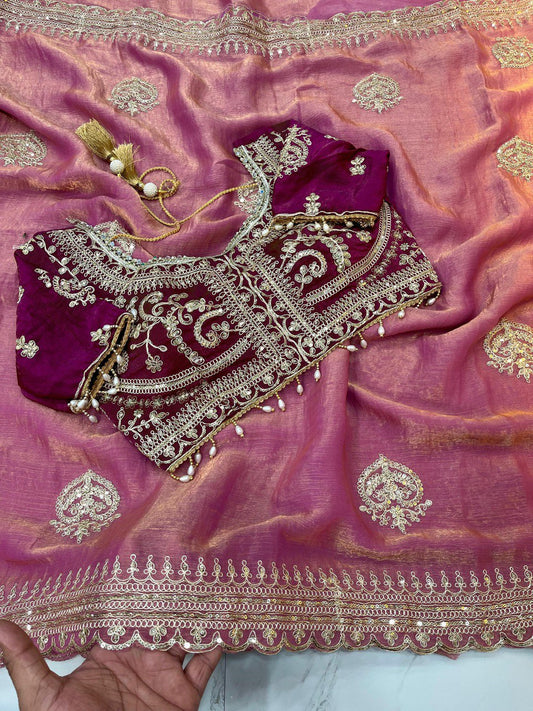 Pink Designer Fandy Chiffon Two Tone Saree