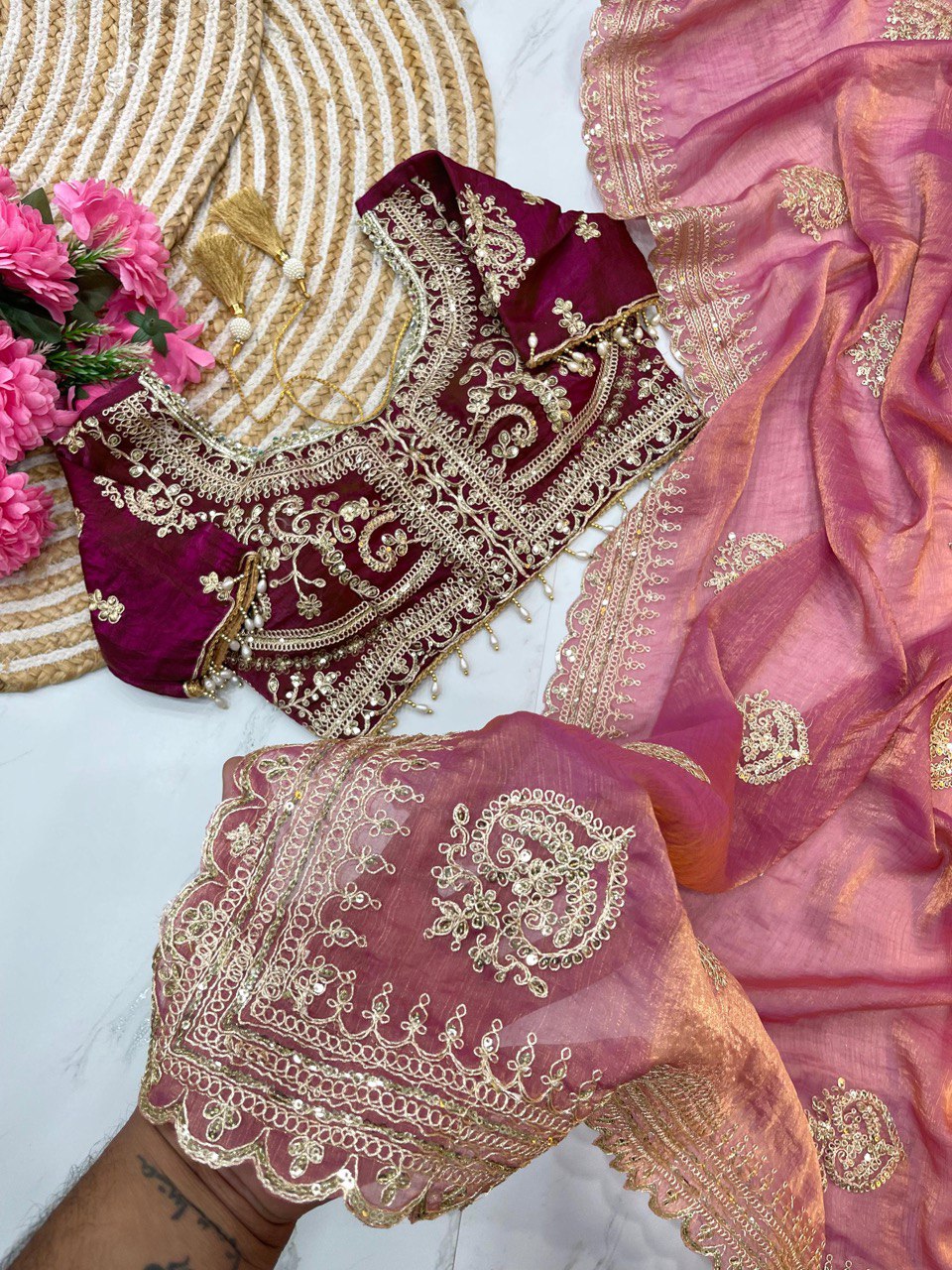 Pink Designer Fandy Chiffon Two Tone Saree